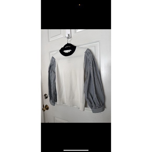 Veronica Beard Roy Sweater Womens Small Knit Pullover Stripe Ivory Black Top - Picture 3 of 6